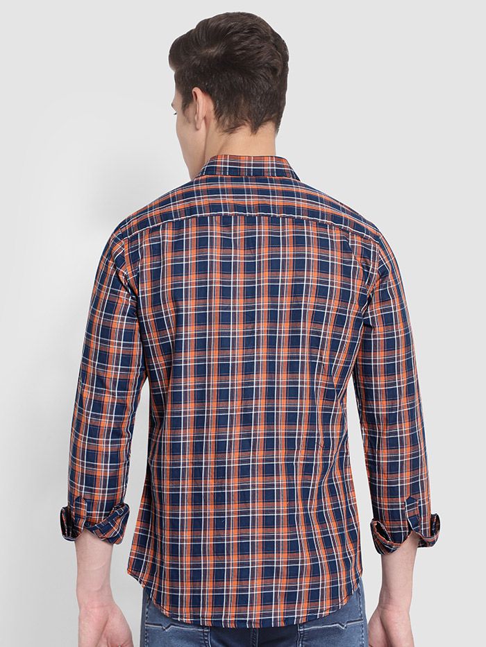 Blue-Orange Checked Cotton Shirts For Men