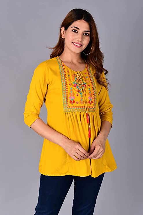 Women’s Embraided Yellow Cotton Kurti