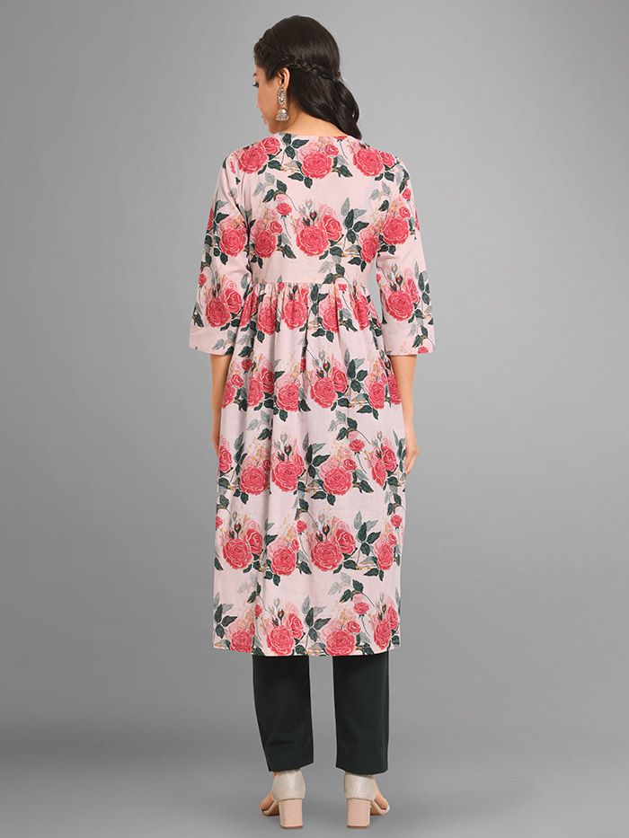 Pink Floral A-Line Cotton Kurta