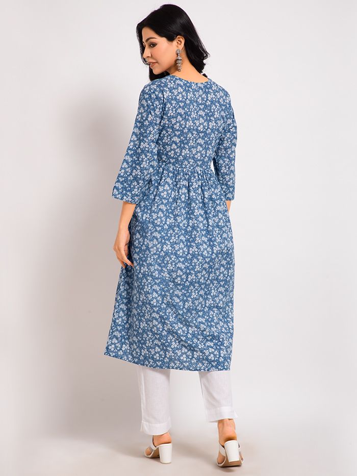 Printed Blue A-Line Cotton Kurta