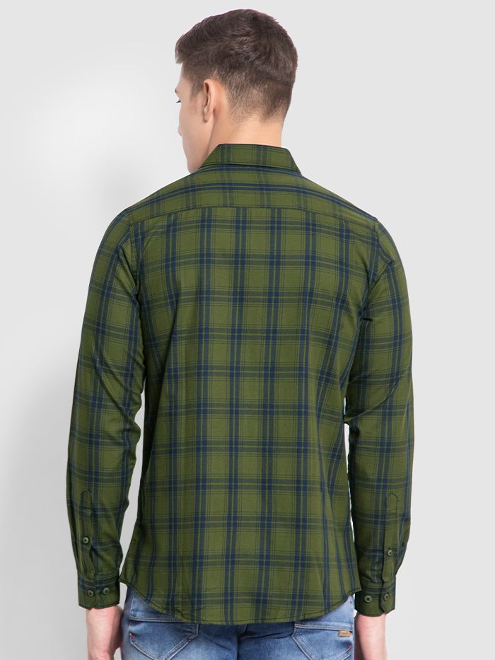 Army Green Checked Cotton Shirts For Men