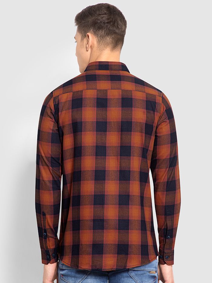 Orange Block Checked Cotton Shirts For Men