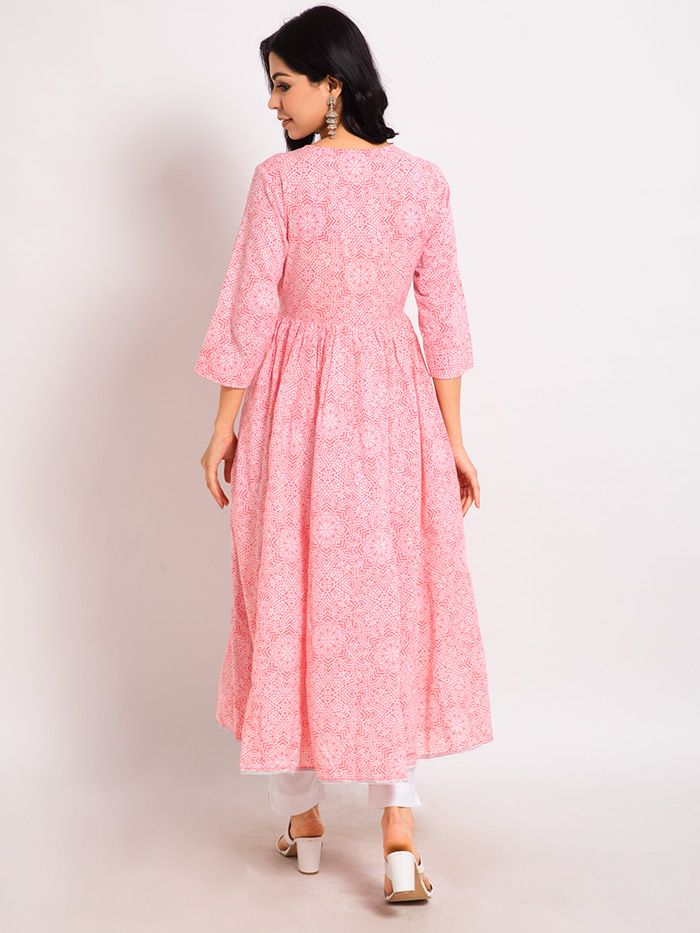 Pink Printed Anarkali Cotton Kurta