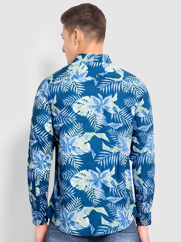 Blue Floral Printed Cotton Shirts For Men